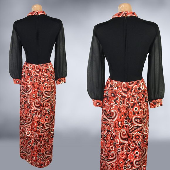 VINTAGE 70s Sheer Bishop Sleeve Paisley Print Maxi Dress size 12 - Picture 7 of 8